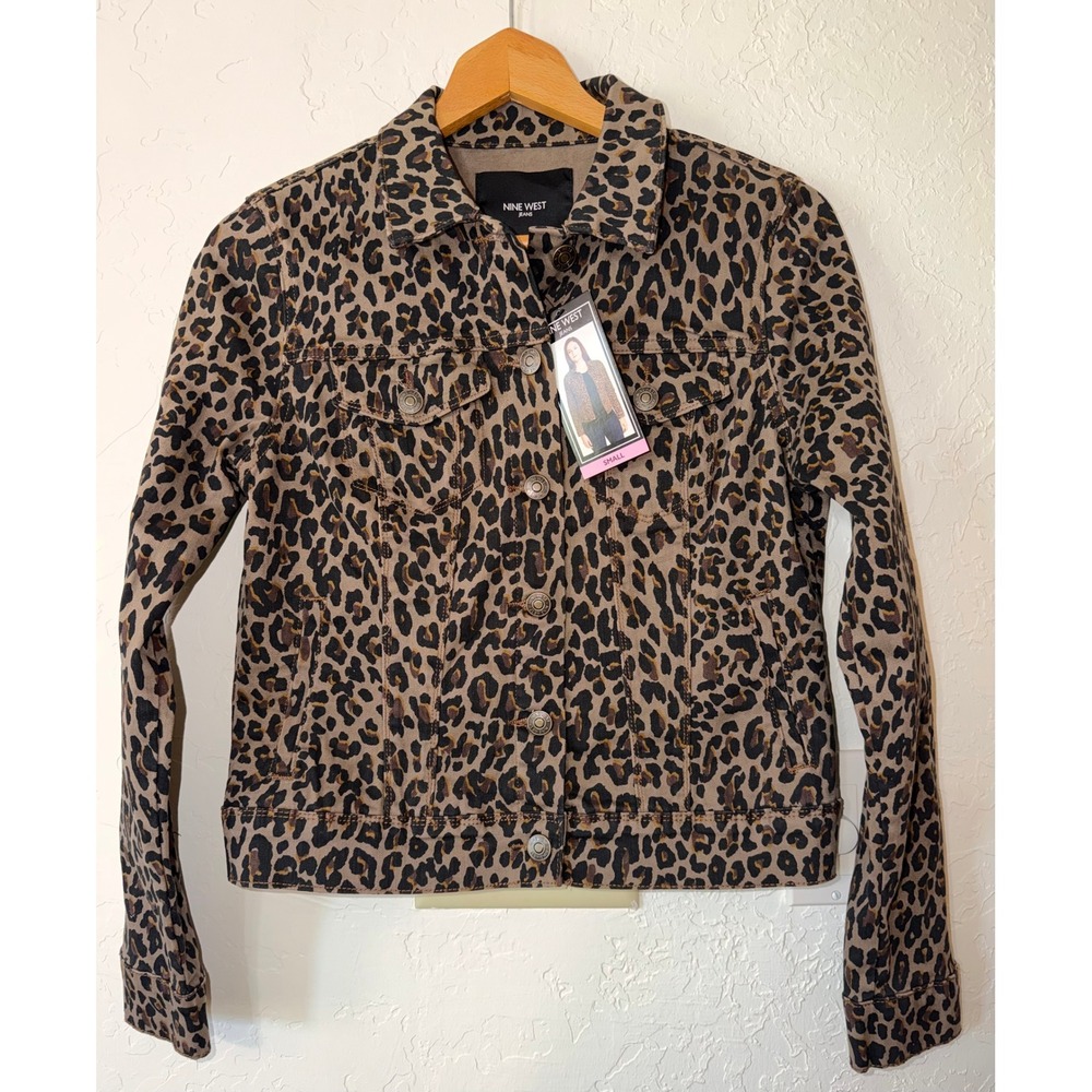 Leopard Print Denim Jacket Nine West Animal Brown Black Size Small NWT